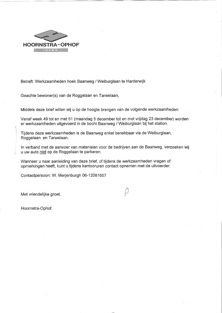 infra bewonersbrief afsluiting baanweg Hoornstra-Ophof Harderwijk